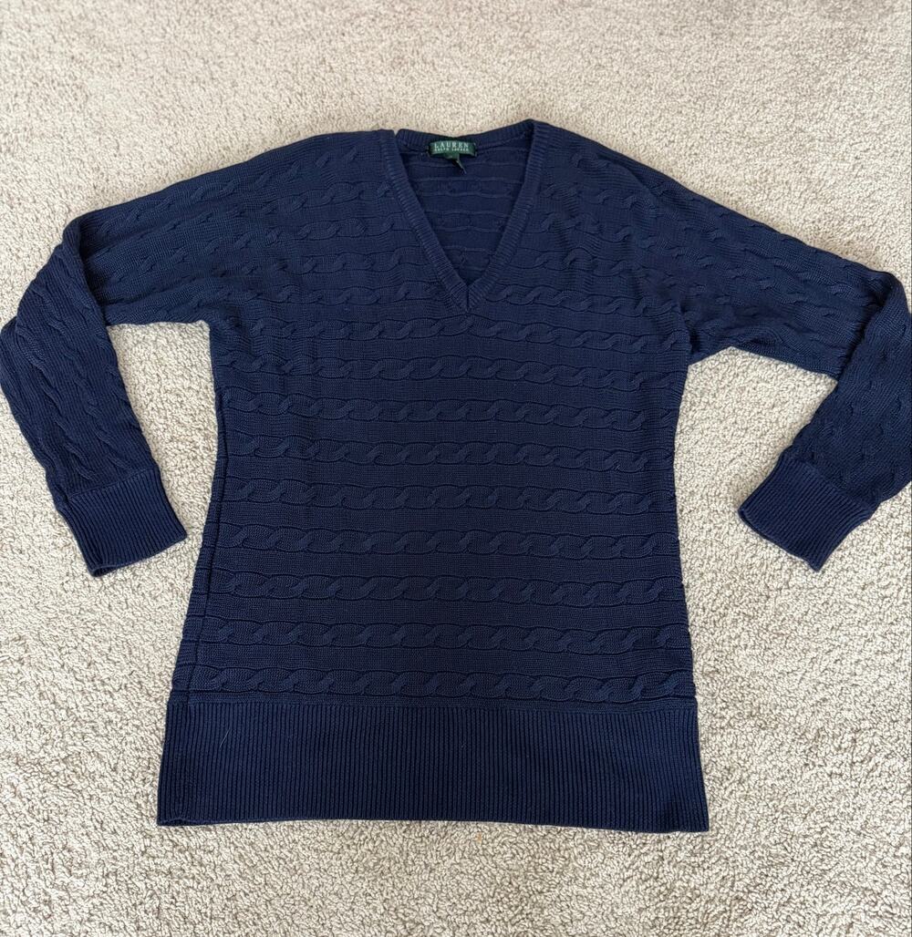 Lauren Ralph Lauren Navy Blue Cable-Knit V-Neck Sweater – Size XL